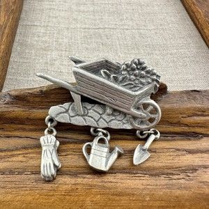 L.C.D Lindsay Claire Designs Pewter Gardening Wheel Barrow Pin Dangles 1.7"